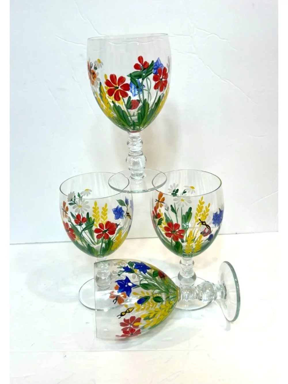 Vintage Floral Royal Danube Water Goblets Romania Set Of 4 Hand-Painted Glasses